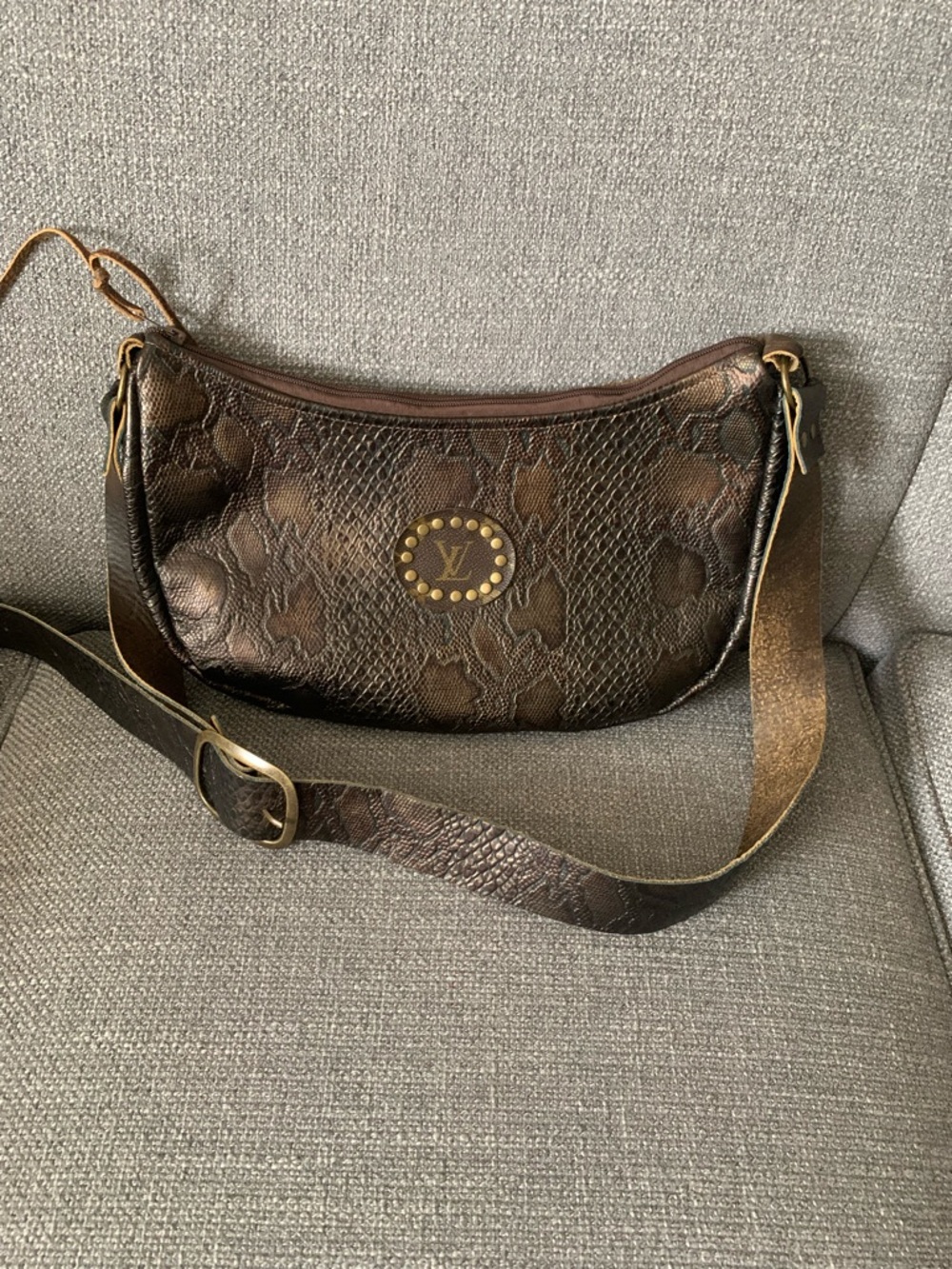 Brown Snakeskin-Effect Shoulder Bag with Studded LV Plaque